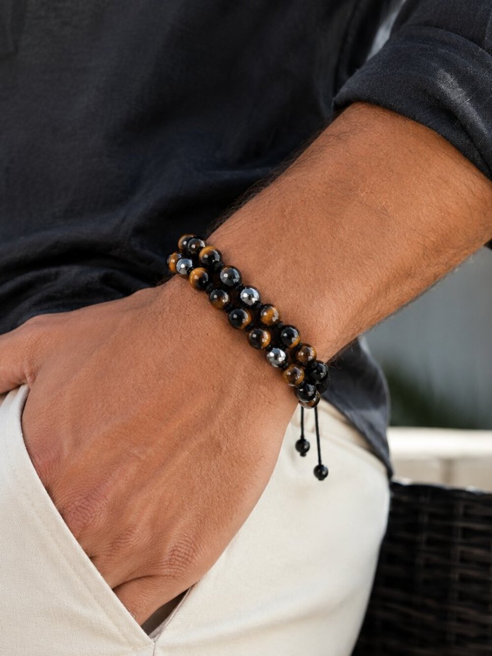 Tiger Eye Obsidian Hematite Protection Bracelet Dear Father Gift Adjustable